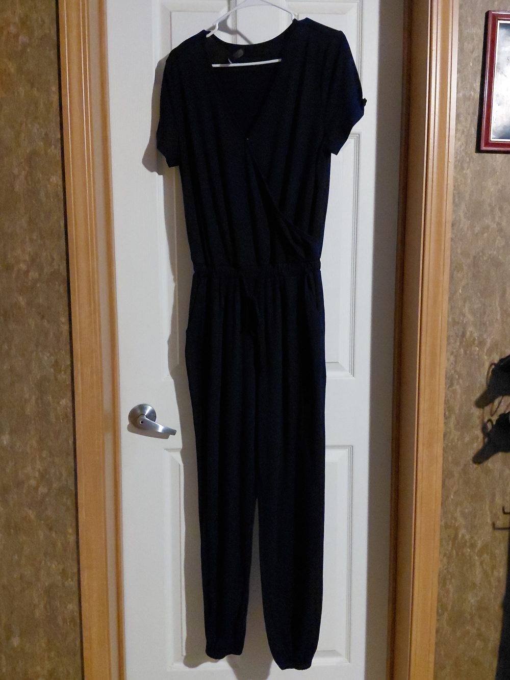 Black Short-Sleeve Wrap-Front Jumpsuit